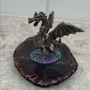 Pewter Metal Dragon Figurine on Agate Base. 3x3x2.5 in